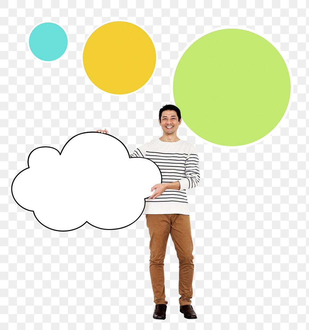 Png Happy man holding an empty cloud, transparent background