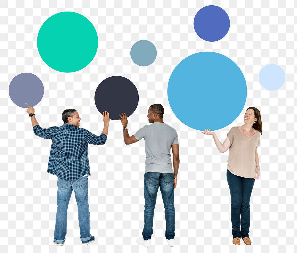 Png Diverse people showing blank colorful circle boards, transparent background