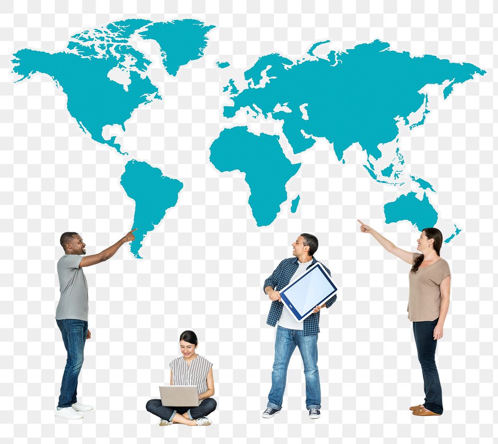 Png People using computers and world map, transparent background