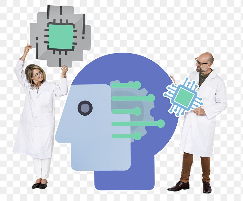 Png Researchers holding Artificial Intelligence icons, transparent background