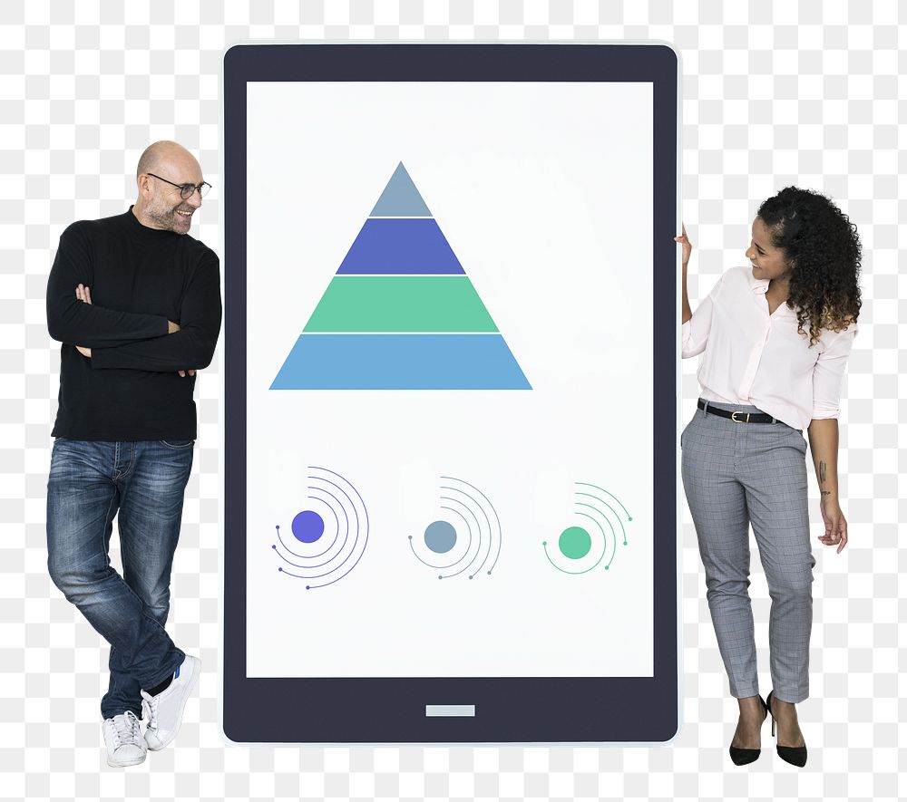 Png Businesspeople presenting work steps by pyramid chart, transparent background