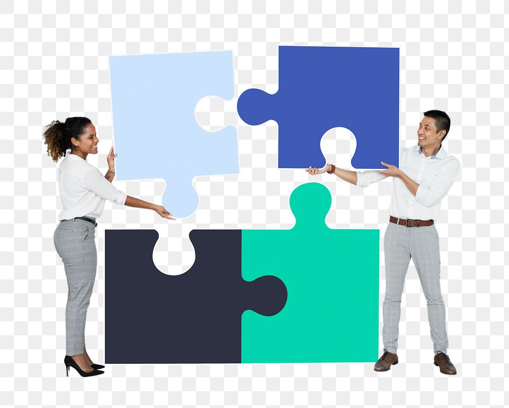 Png Colleagues connecting puzzle pieces, transparent background