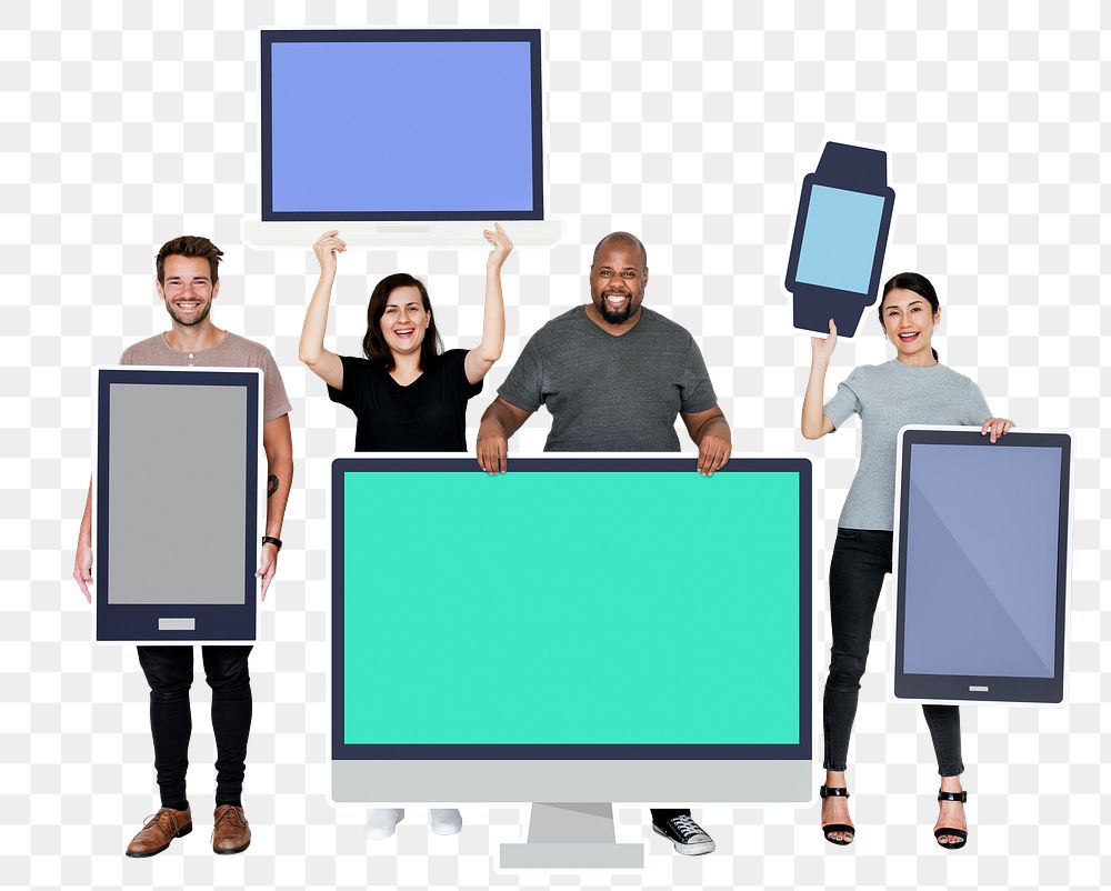 Png Diverse people with various digital device, transparent background