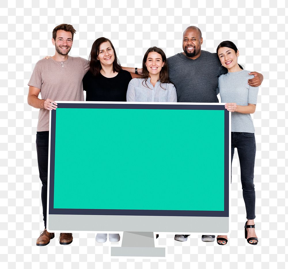 Png Diverse people with blank computer screen, transparent background