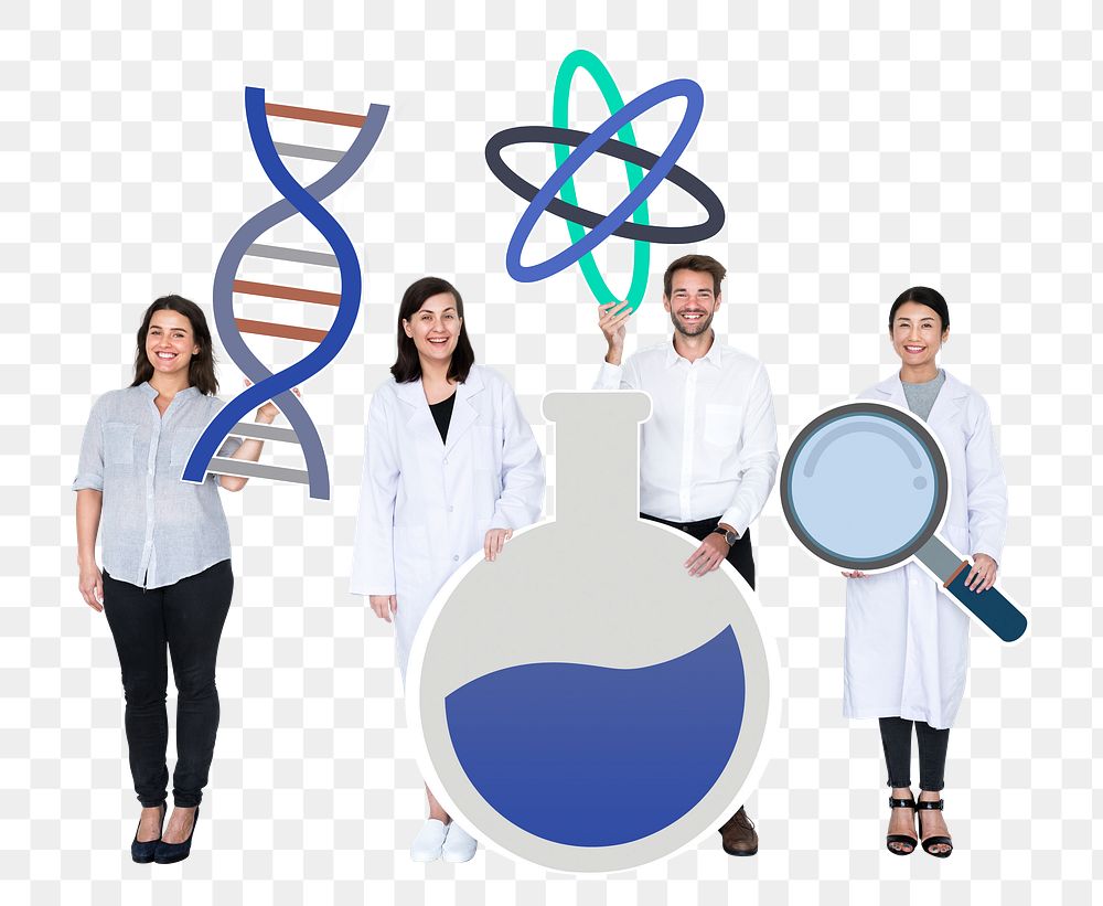 Png Diverse people holding genetic testing icons, transparent background