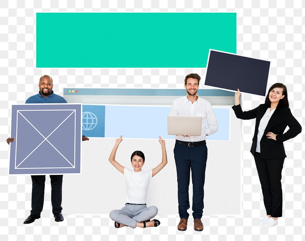 Png Happy diverse people holding web design, transparent background