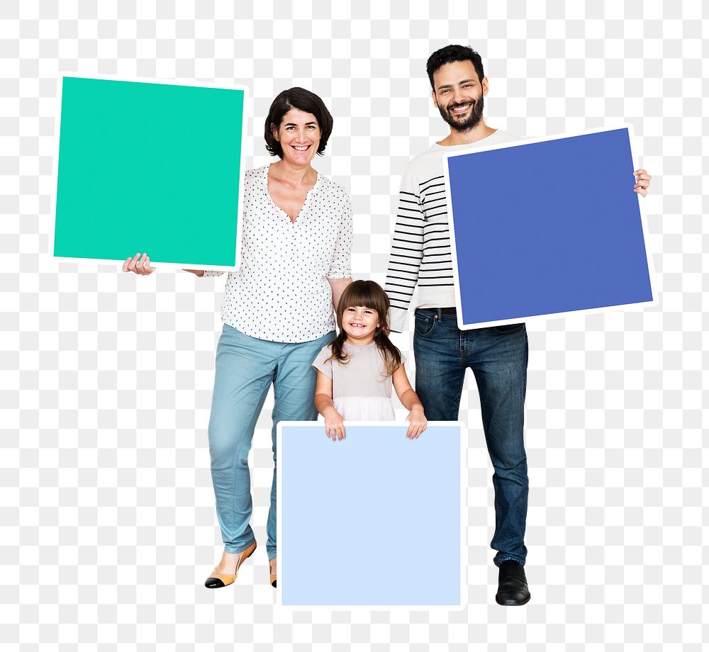 Png Happy family holding empty square boards, transparent background