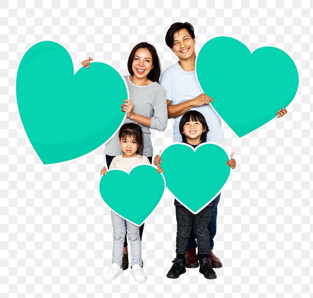 Png Happy family holding heart icons, transparent background