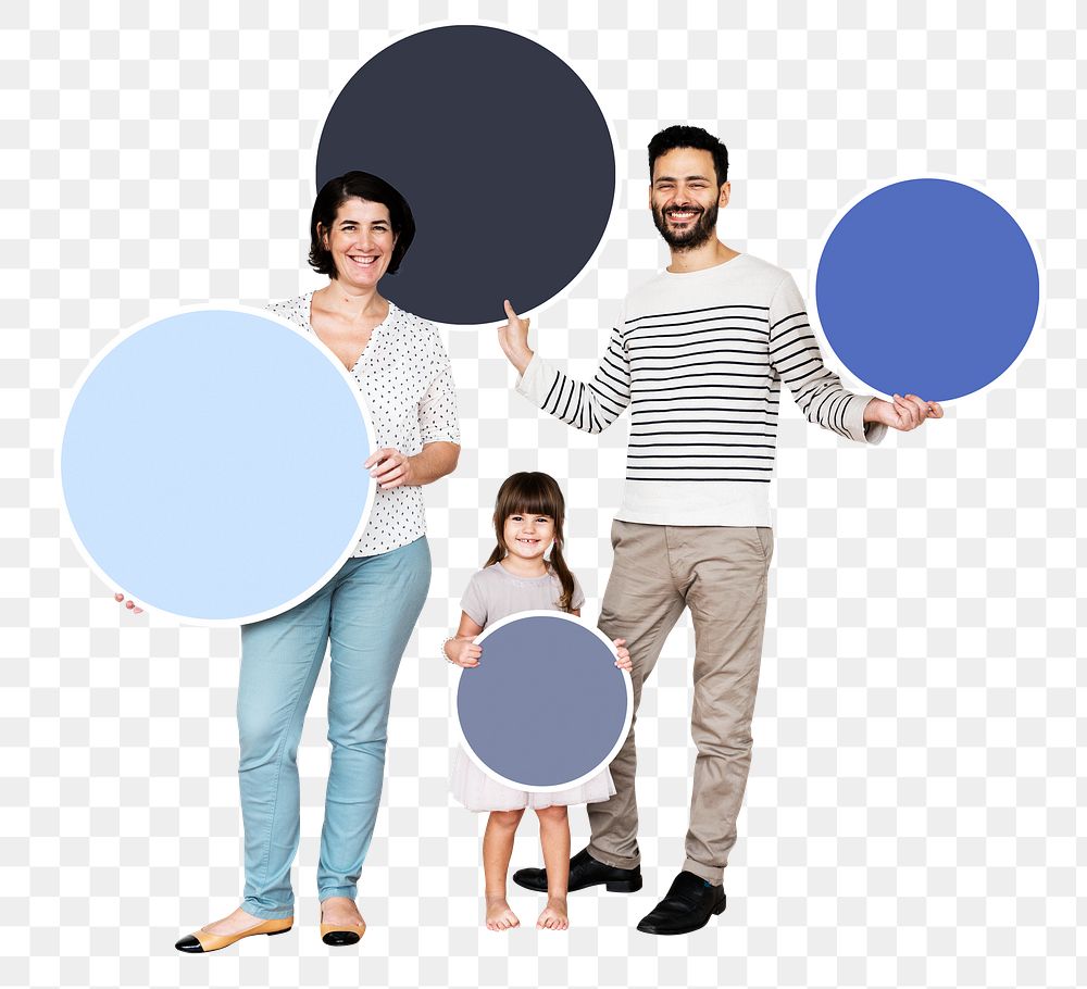 Png Happy family holding round empty boards, transparent background