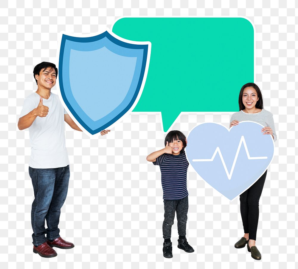 Png Happy family with cardiology protection icons, transparent background