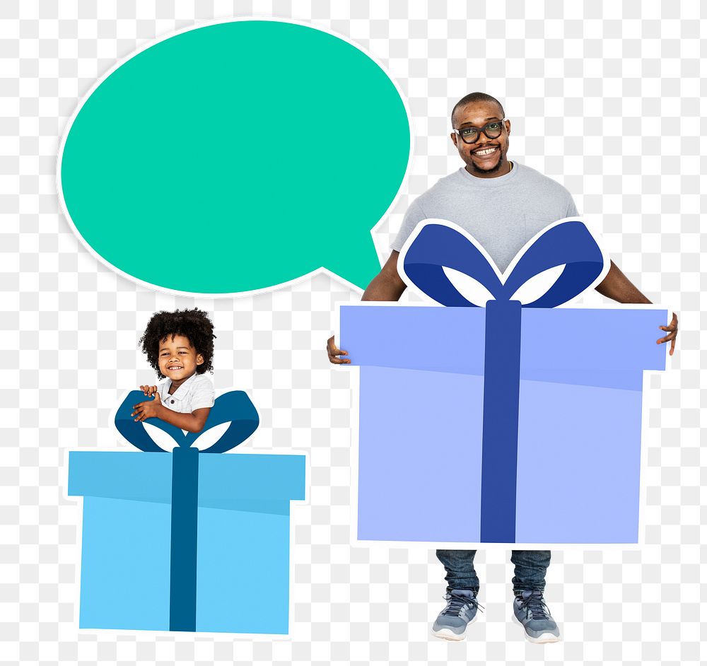 Png Happy father and son holding gift icons, transparent background