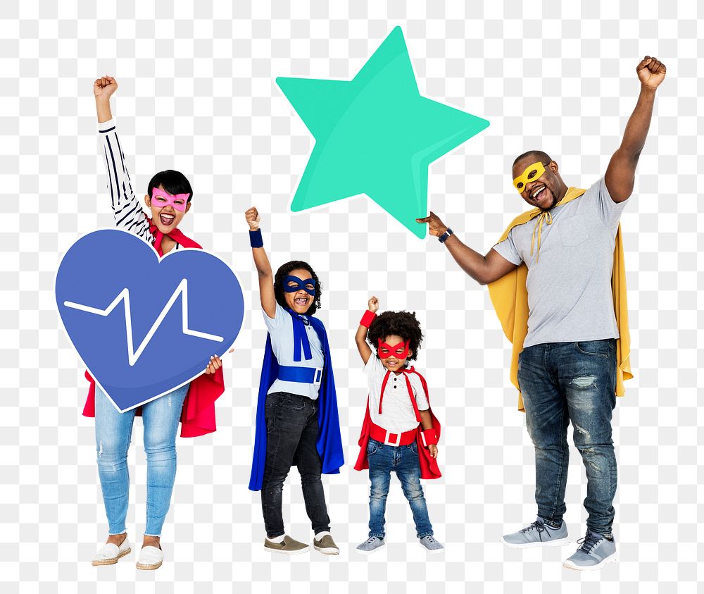 Png Cheerful family wearing superhero costumes, transparent background