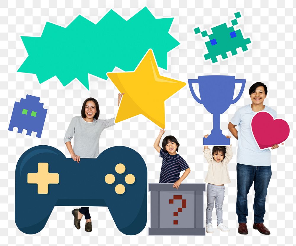 Png Happy family holding gaming icons, transparent background