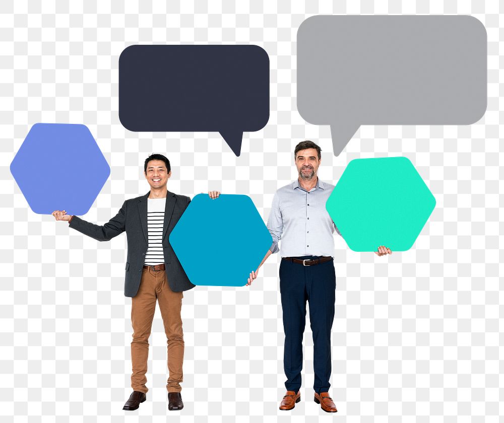 Png Business partners with blank speech bubbles, transparent background
