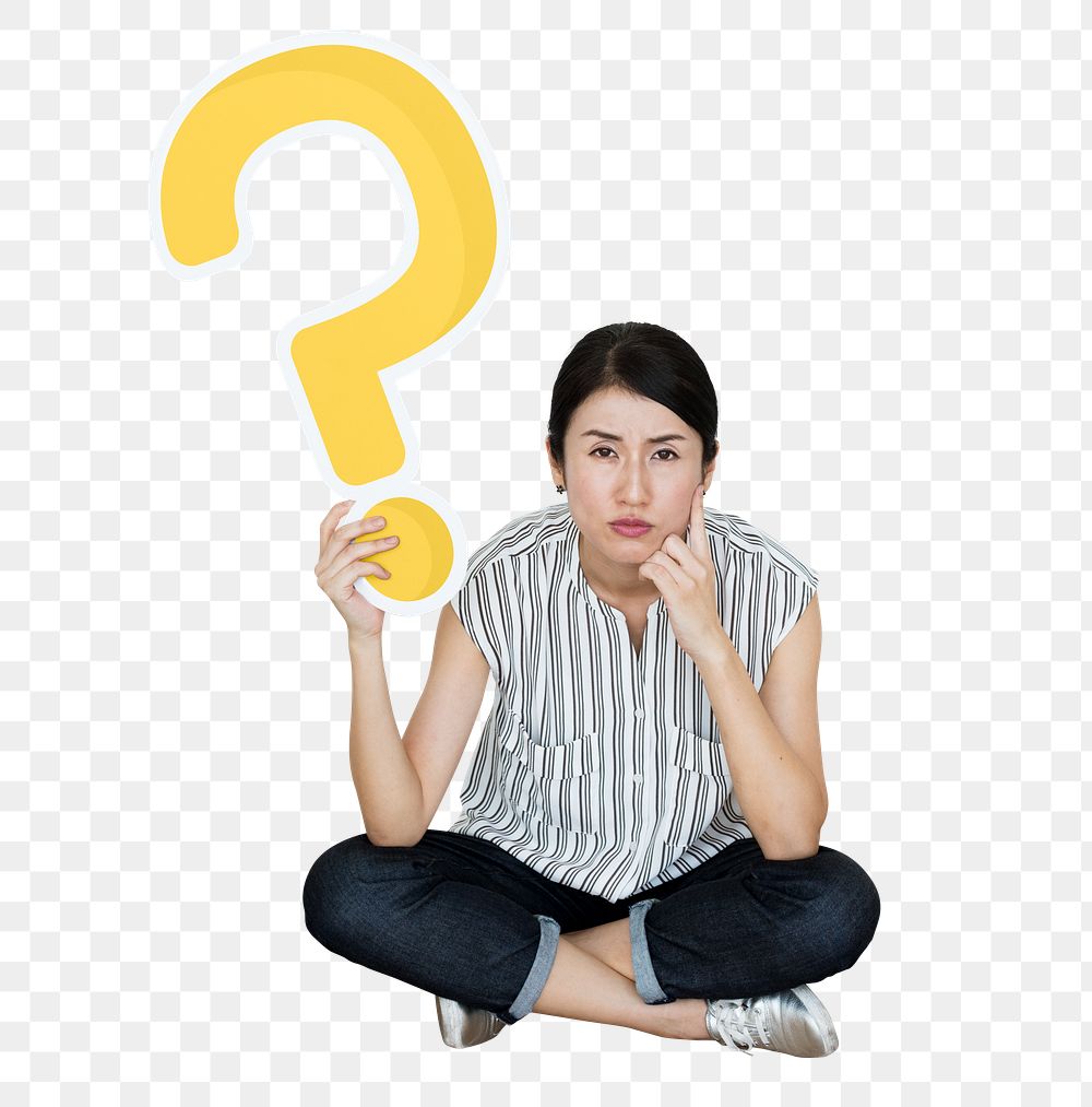 Png Woman holding question mark icon, transparent background