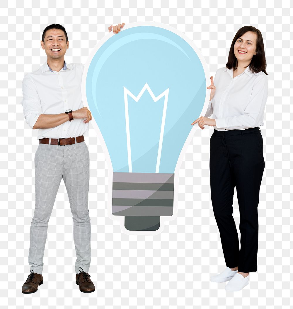 Png Happy diverse people holding light bulb icon, transparent background