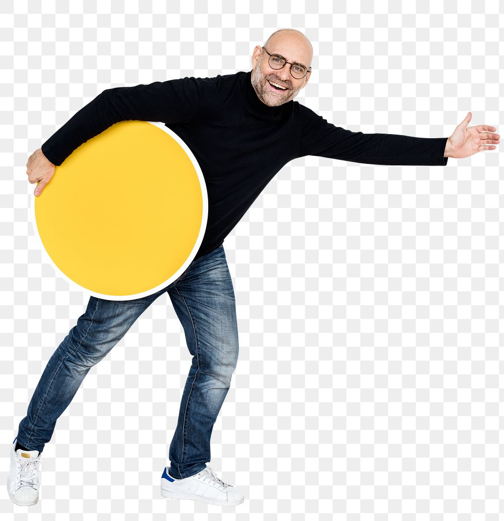 Png Happy businessman holding an empty round board, transparent background