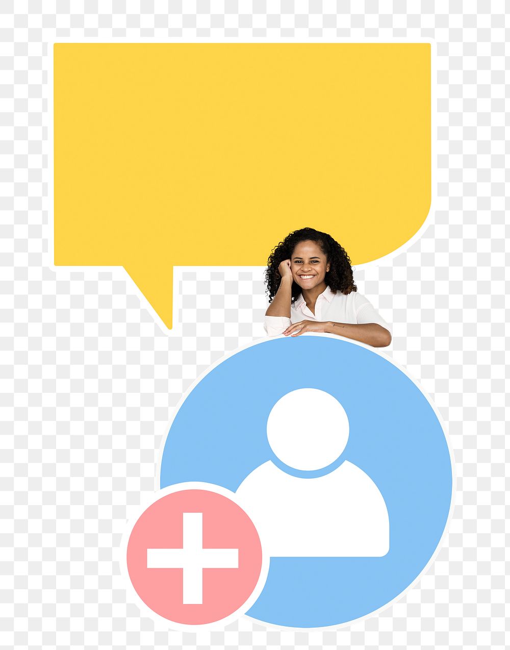 Png Happy woman with chat icons, transparent background