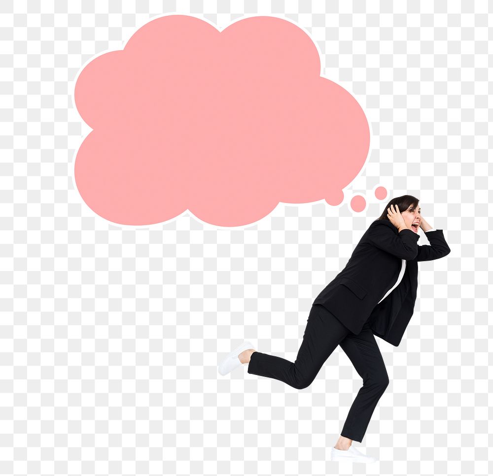 Png Crazy woman running away from her thoughts, transparent background