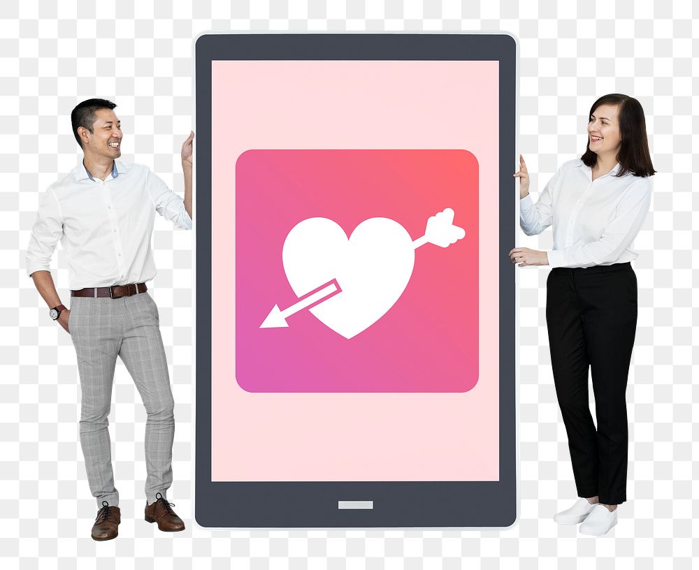 Png Cheerful couple with an online dating app, transparent background