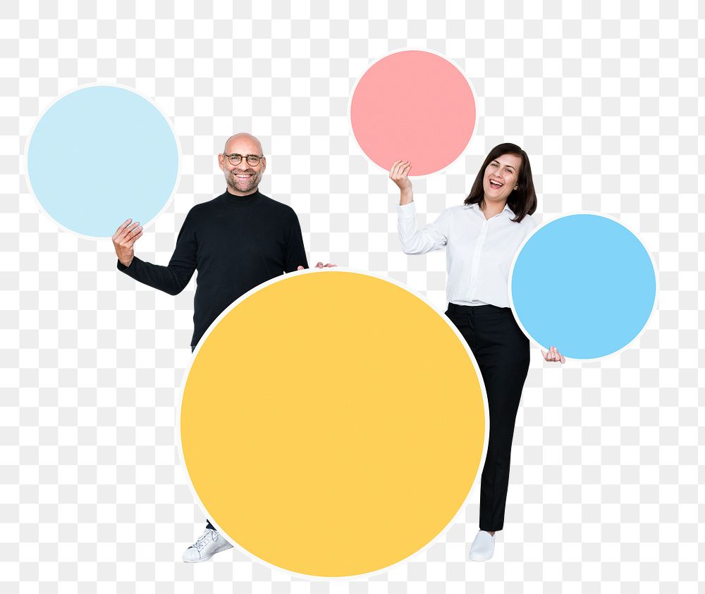 Png Cheerful people holding empty round boards, transparent background
