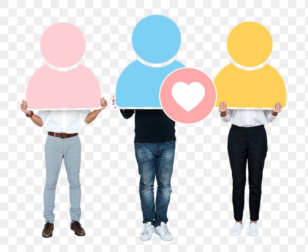Png Group of people holding colorful user icons, transparent background