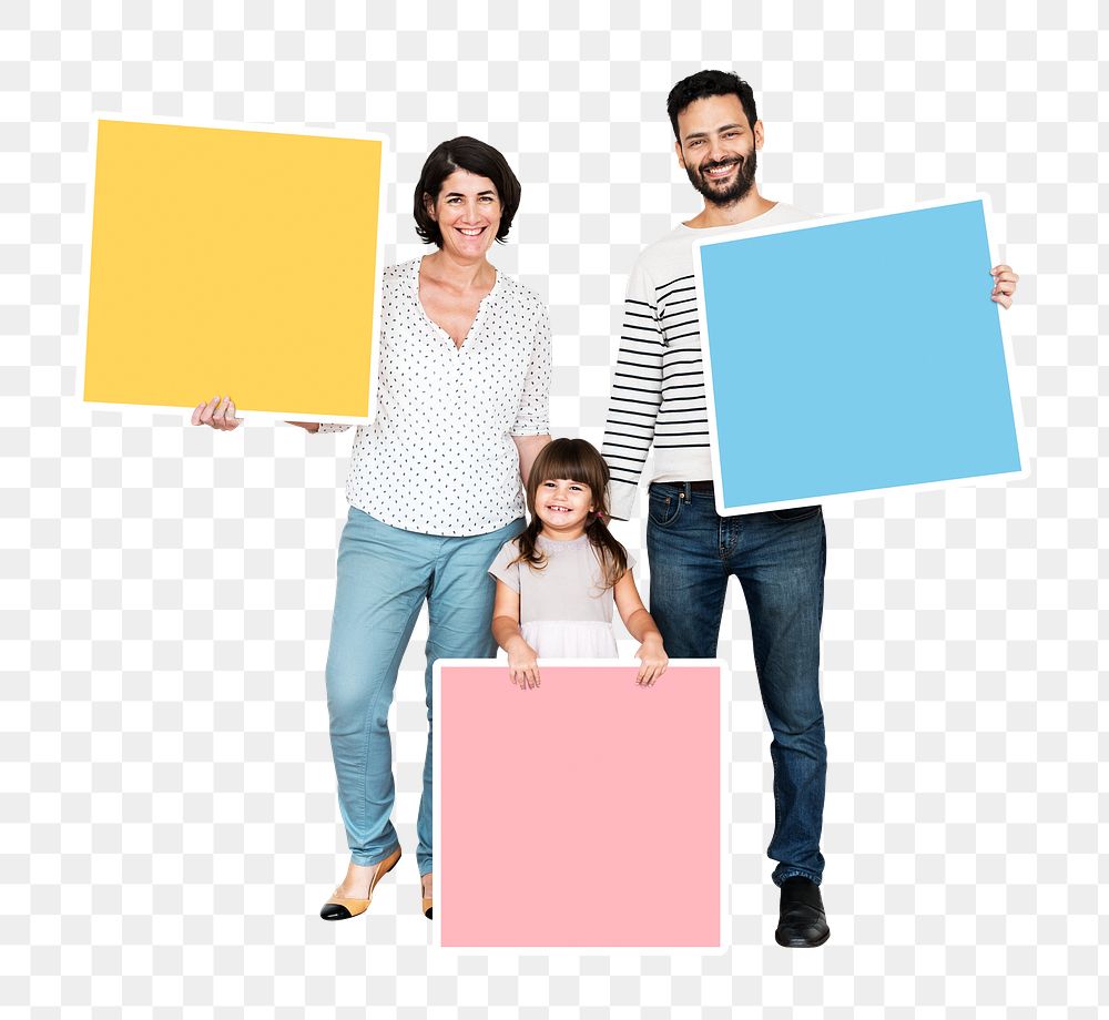 Png Happy family holding square shaped boards, transparent background