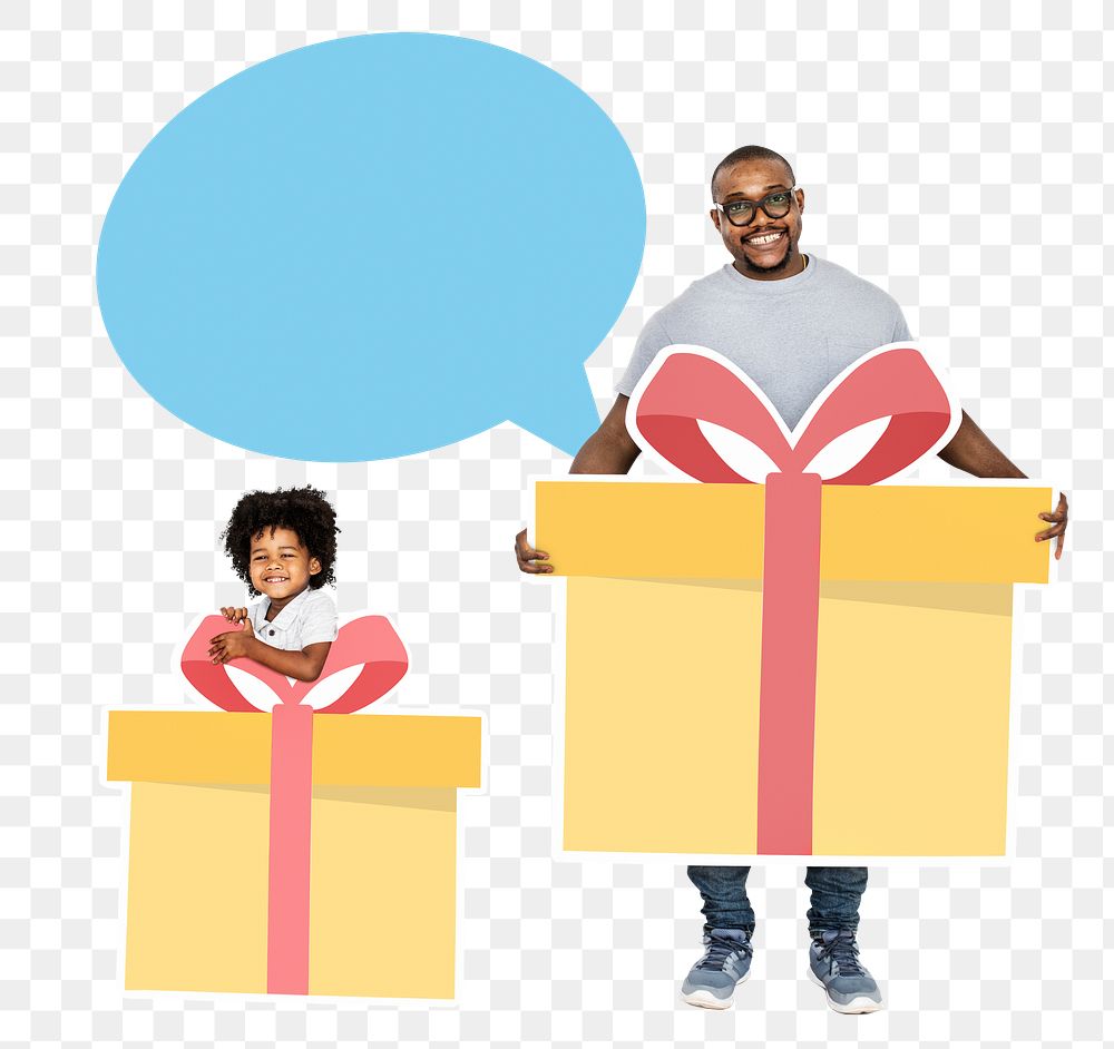 Png Father and son holding gift boxes, transparent background