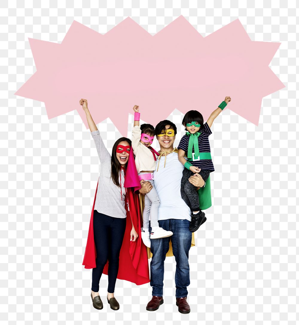 Png Happy family wearing superhero costumes, transparent background