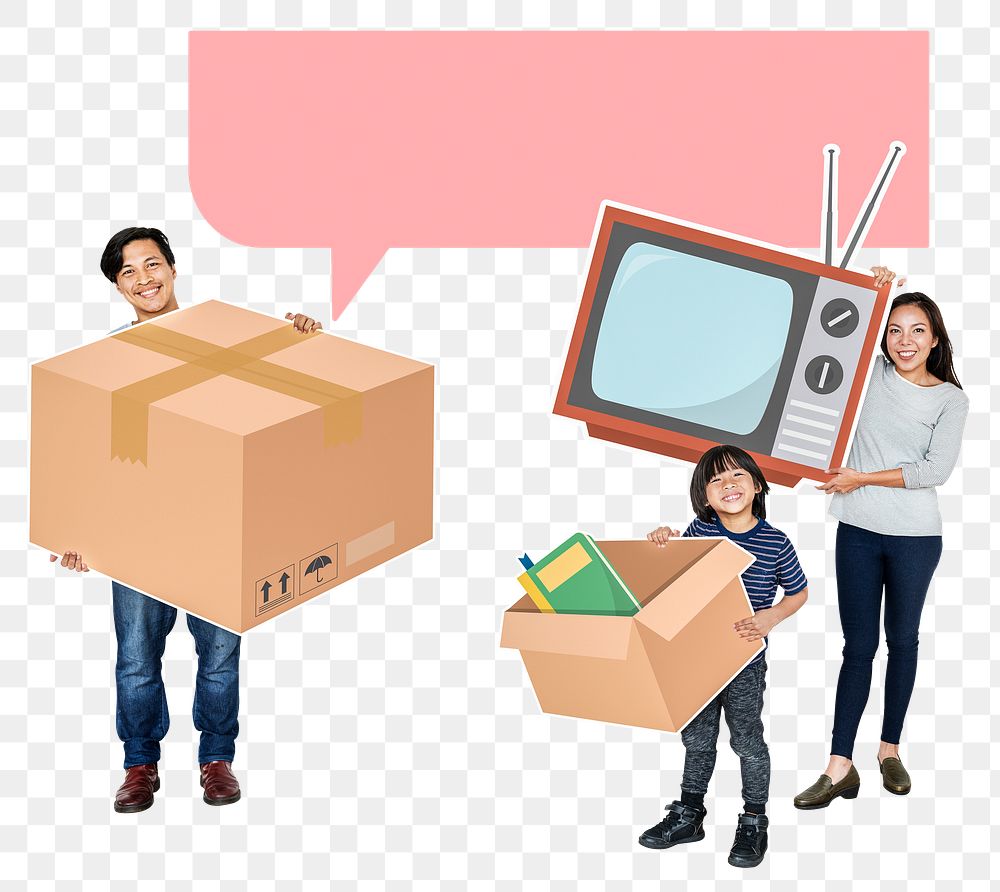 Png Happy family carrying boxes ready to move out, transparent background
