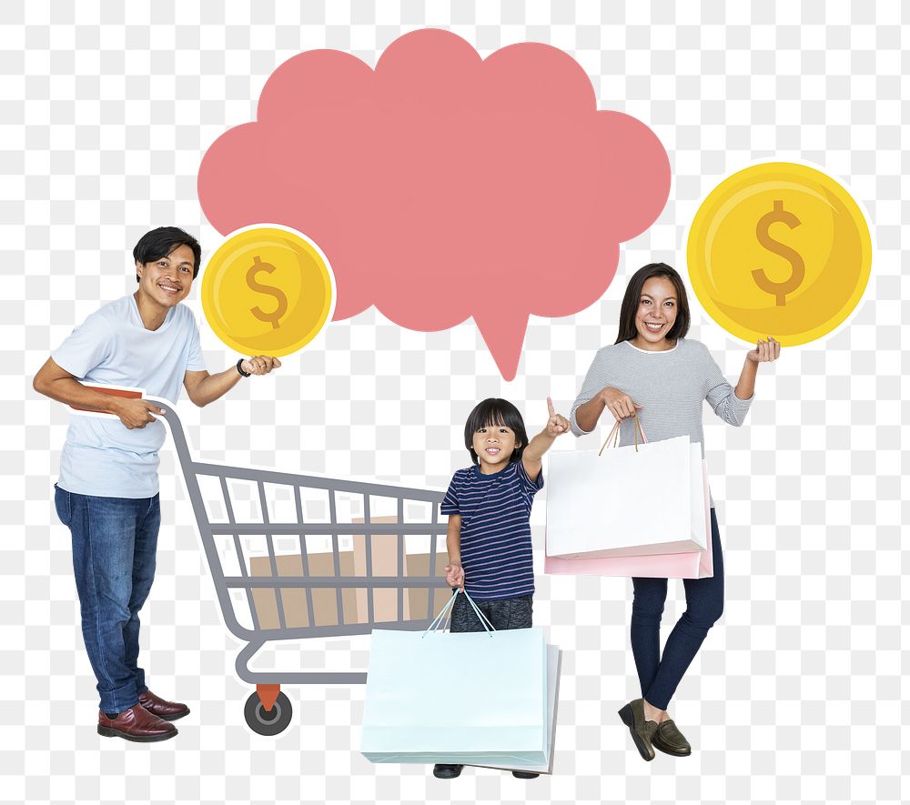 Png Happy family shopping super save deal, transparent background