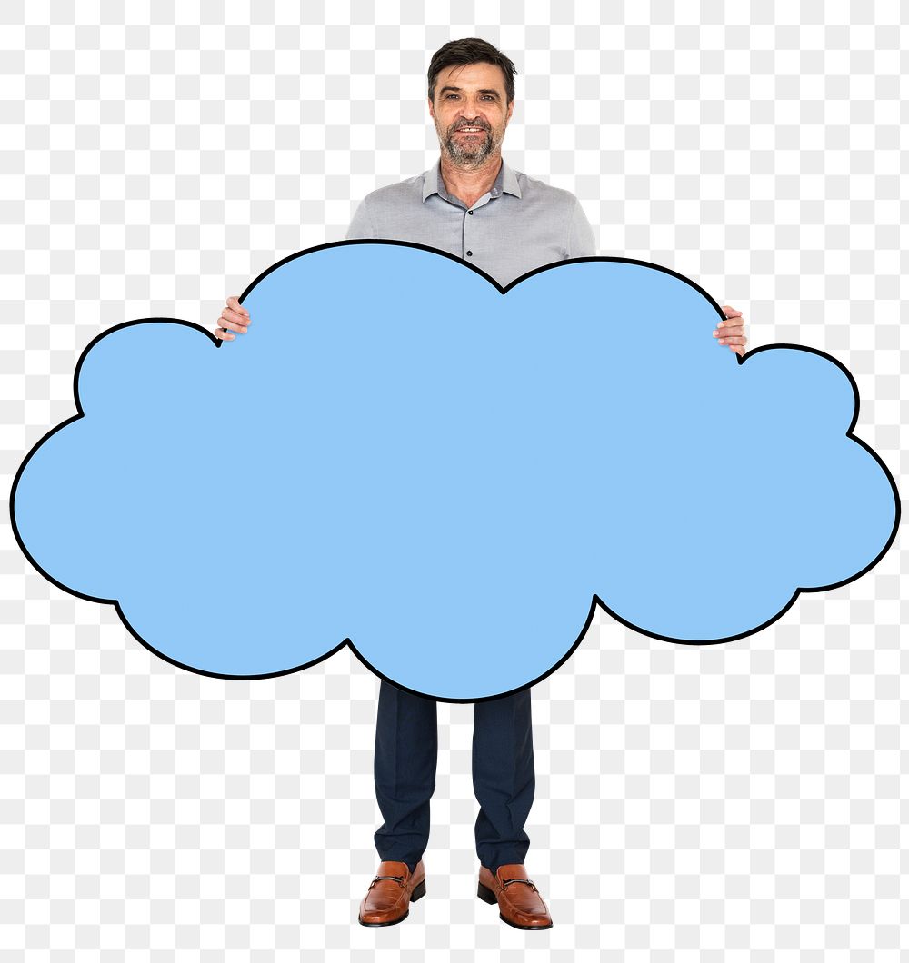 Png Businessman holding blank cloud, transparent background