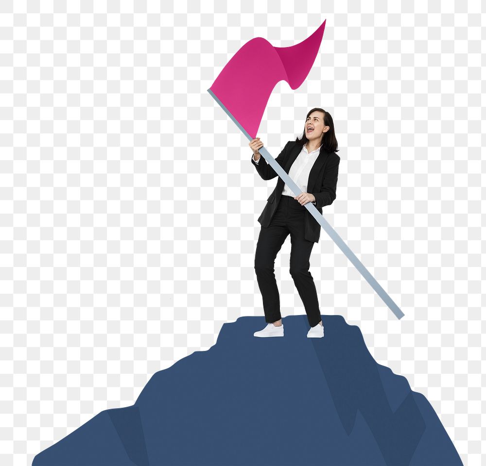 Png Business woman holding flag on the mountain, transparent background