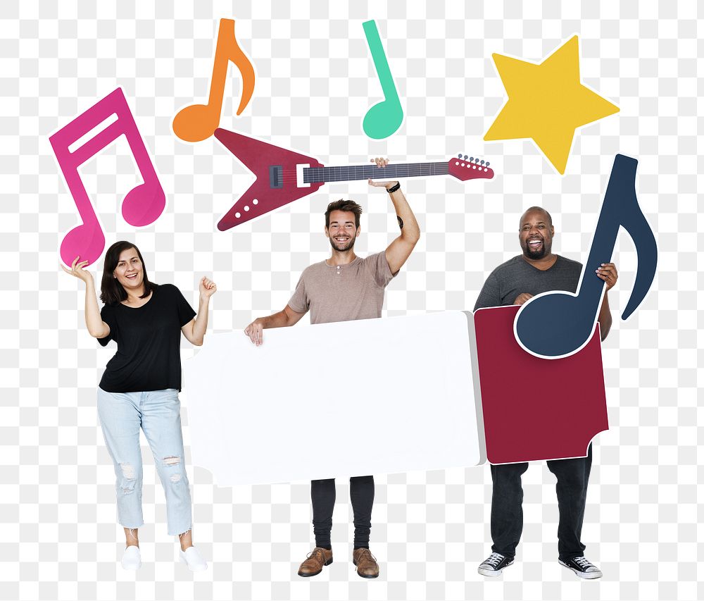 Png Happy diverse people holding music festival icons, transparent background