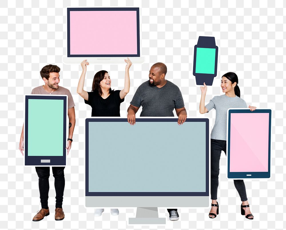 Png Diverse people with various digital device, transparent background