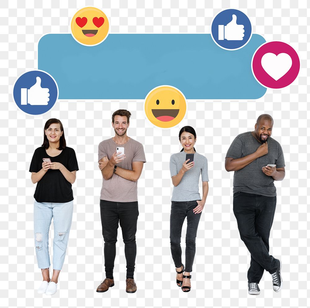 Png People with social mediicons, transparent background