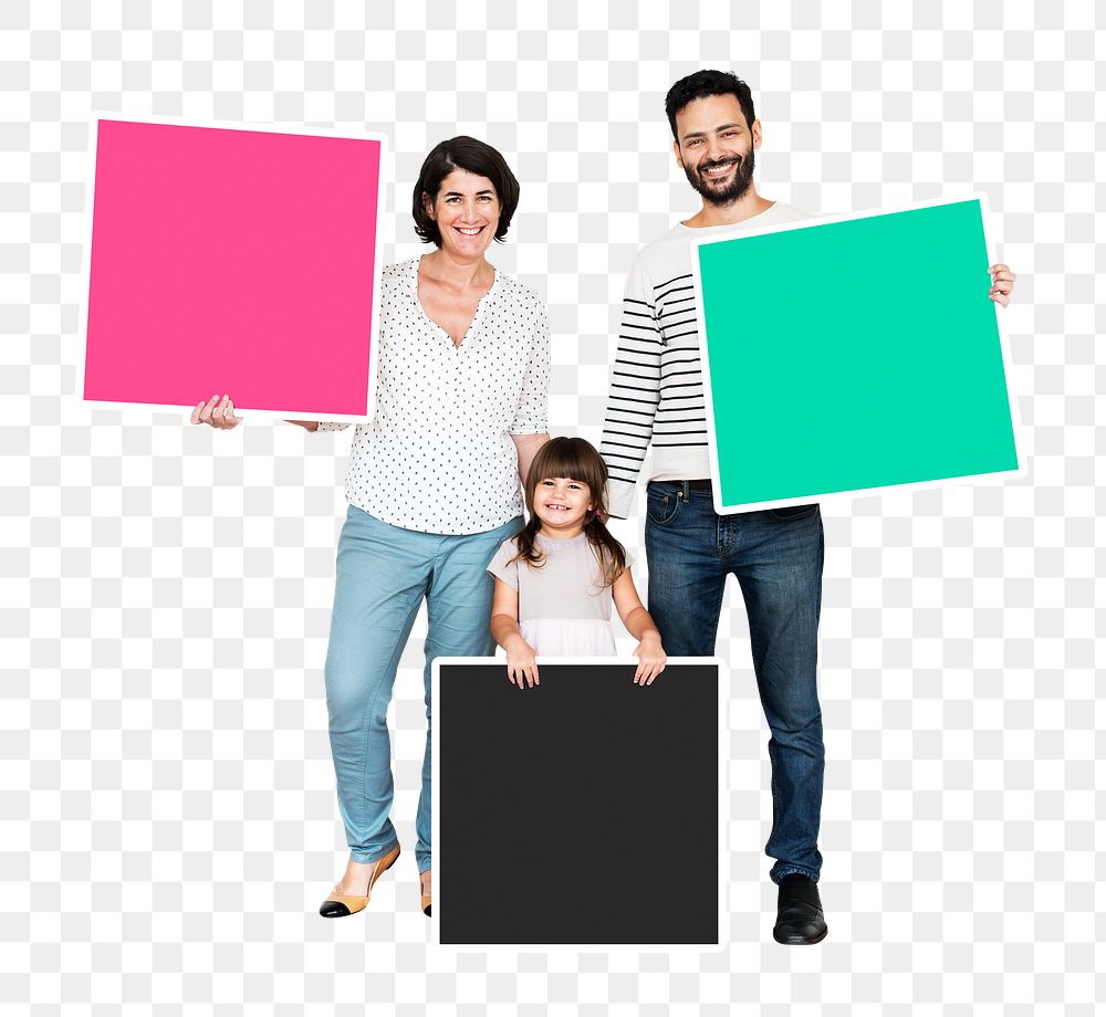 Png Happy family holding blank boards, transparent background