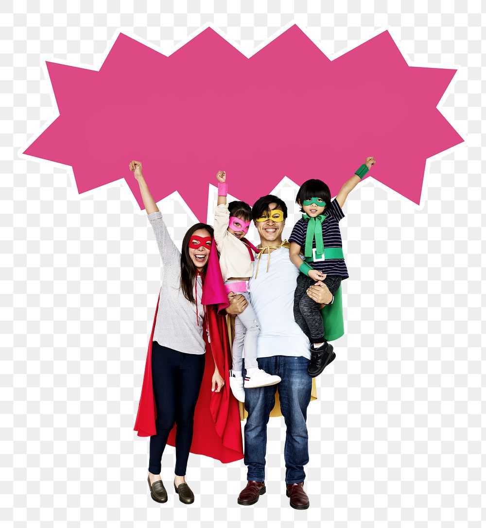 Png Happy family wearing superhero costumes, transparent background