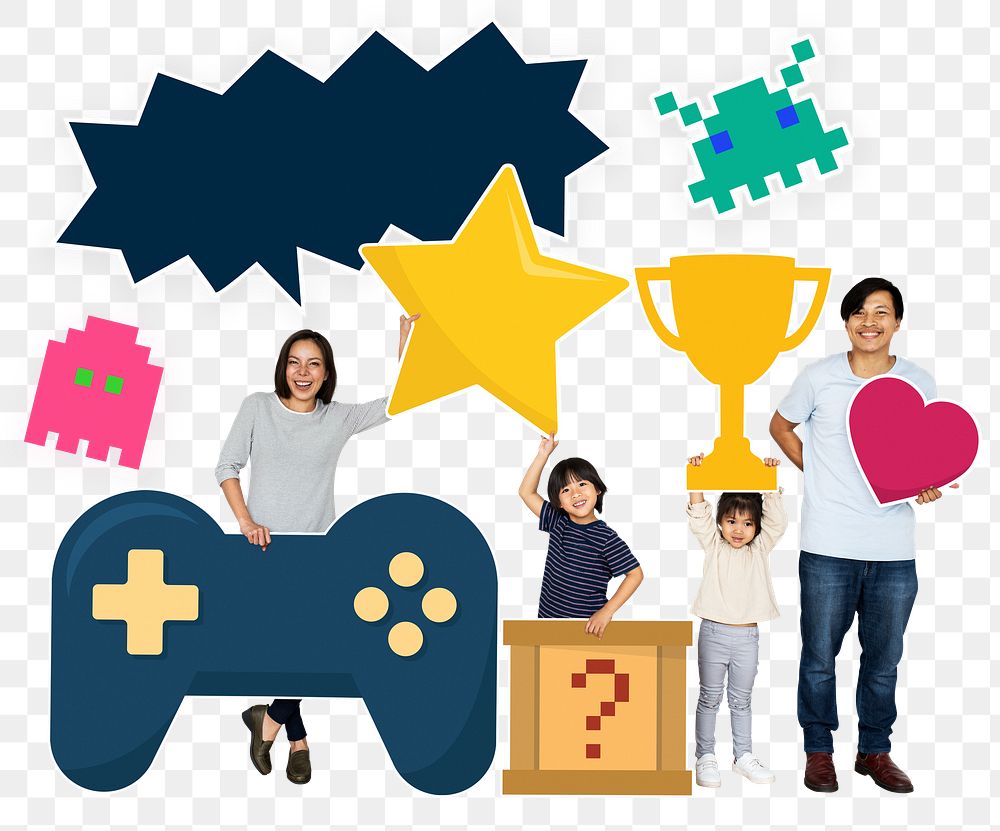 Png Happy family holding gaming icons, transparent background