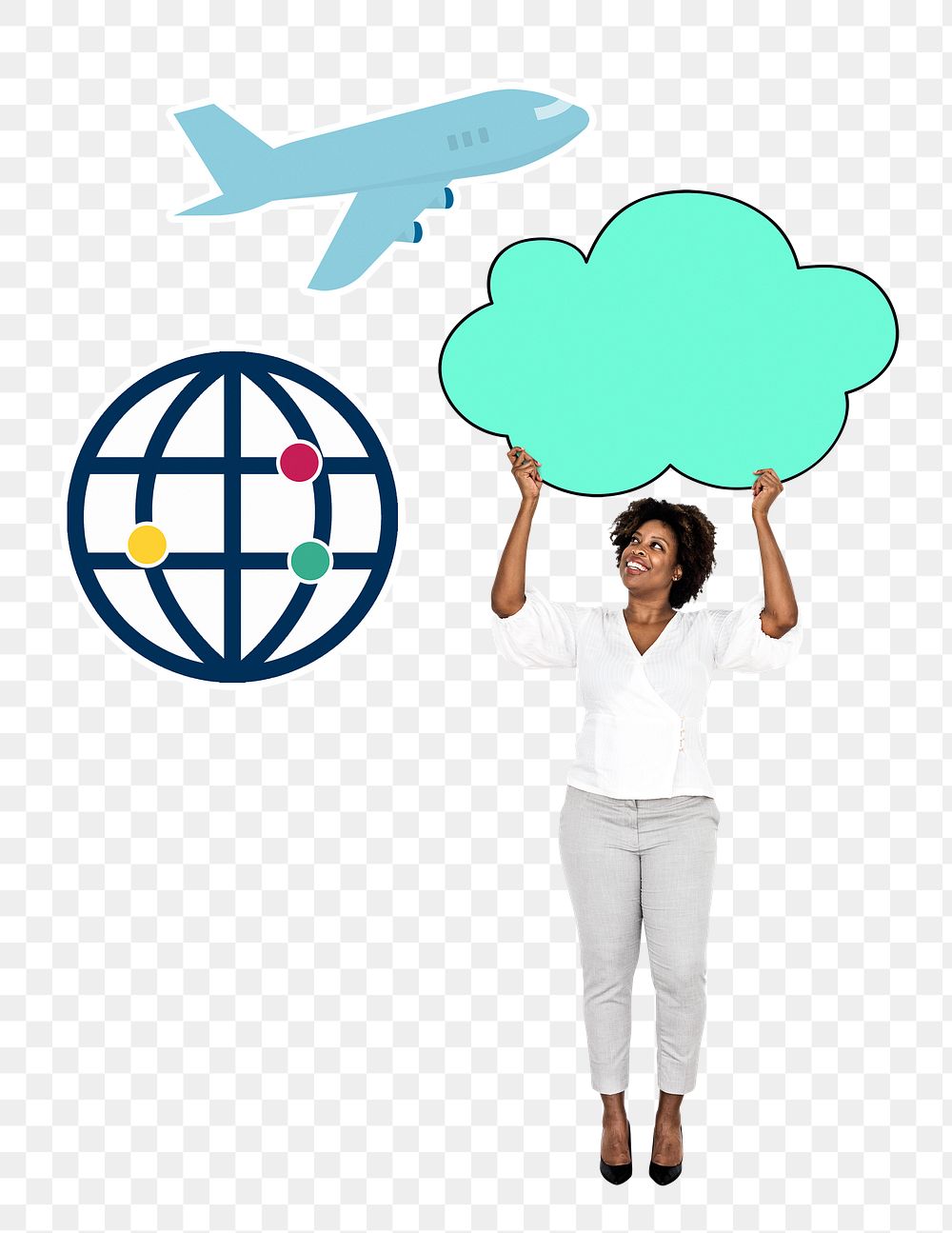 Png Cheerful woman planning for her flight, transparent background