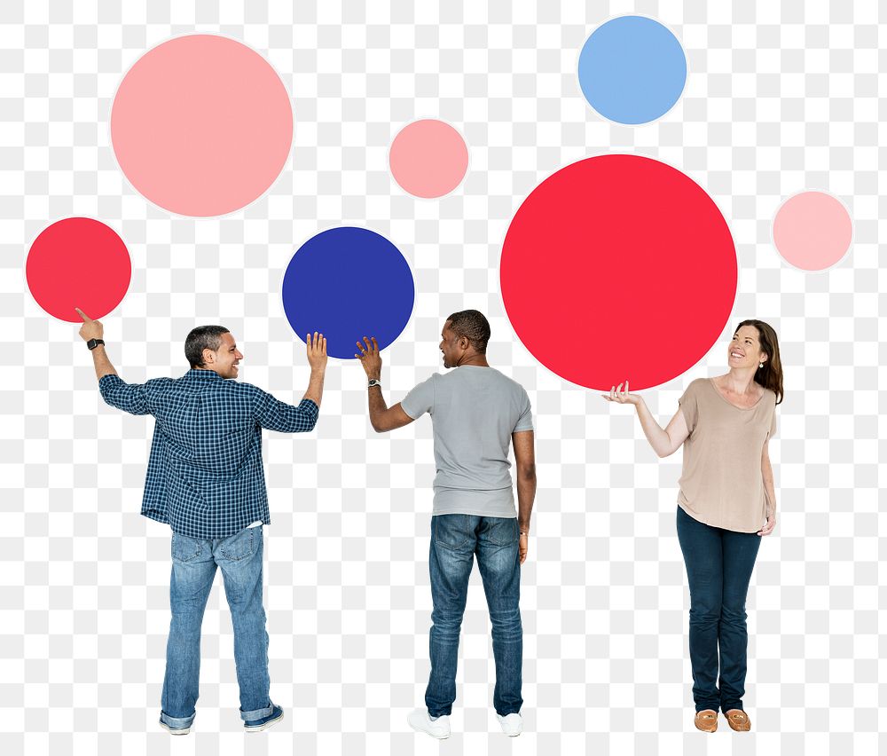 Png People holding empty space circle icons, transparent background