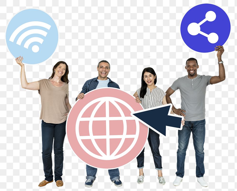 Png People holding www related icons, transparent background