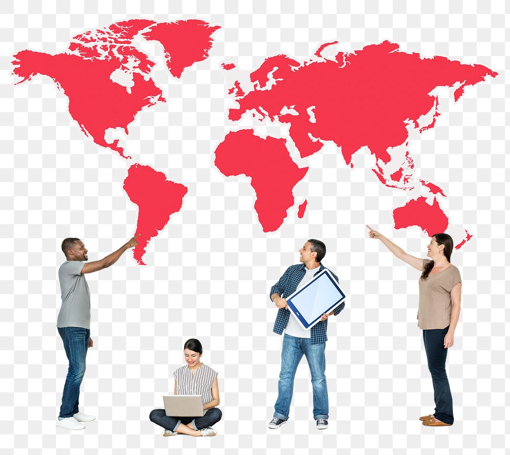 Png People with digital devices and world map, transparent background