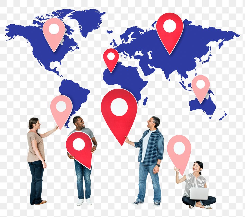 Png People holding pins and world map, transparent background
