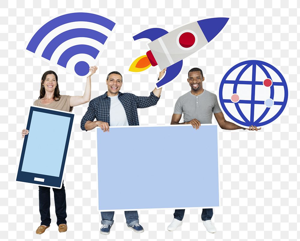Png People holding 4G telecommunication icons, transparent background