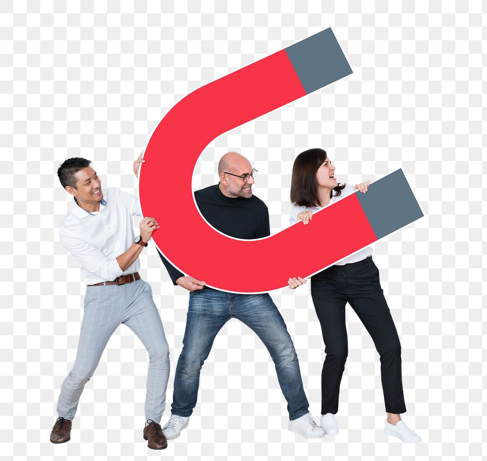 Png Business team with large magnet, transparent background