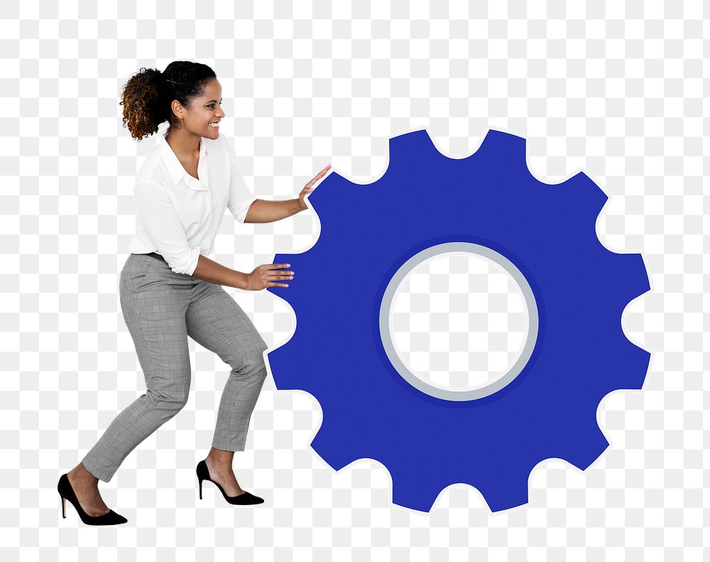 Png Cheerful woman rolling blue gear, transparent background