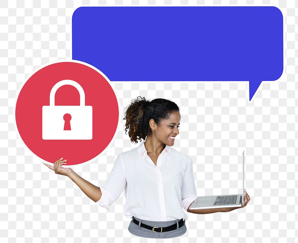 Png Young businesswoman holding secured laptop, transparent background