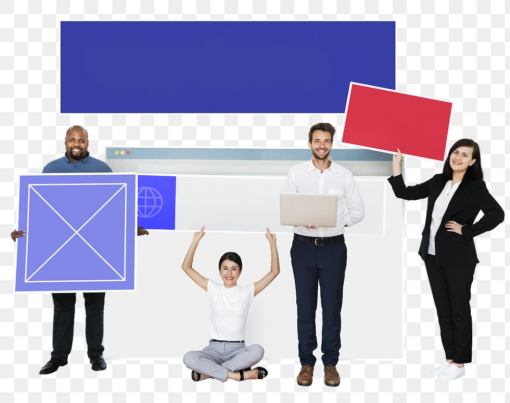 Png Happy diverse people holding web design, transparent background