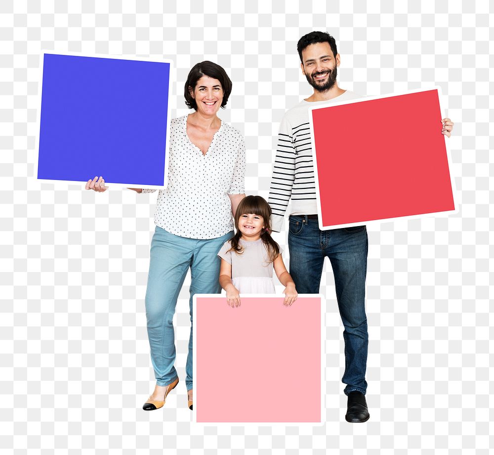 Png Happy family with colorful square boards, transparent background